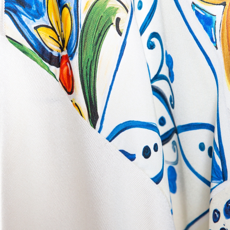 Pre Owned Dolce & Gabbana Off White Majolica Print Silk Oversized Top XS