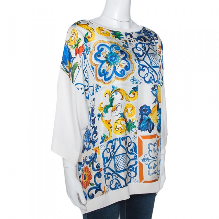 Pre Owned Dolce & Gabbana Off White Majolica Print Silk Oversized Top XS