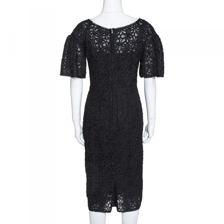 Pre Owned Dolce & Gabbana Black Lace Floral Appliqued Tulle Dress S