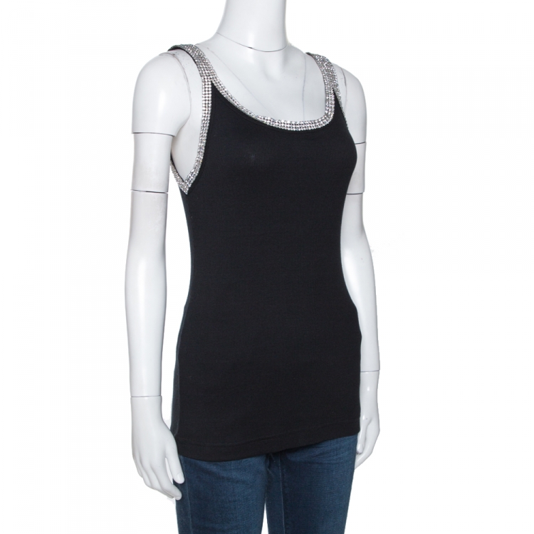 Pre Owned Dolce & Gabbana Black Cotton Crystal Embellished Tank Top L