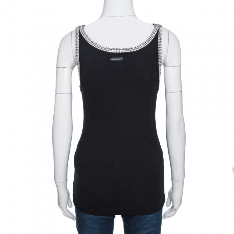 Pre Owned Dolce & Gabbana Black Cotton Crystal Embellished Tank Top L