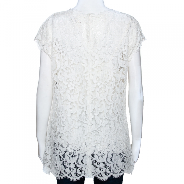 Pre Owned Dolce & Gabbana White Floral Cord Lace Scalloped Top L