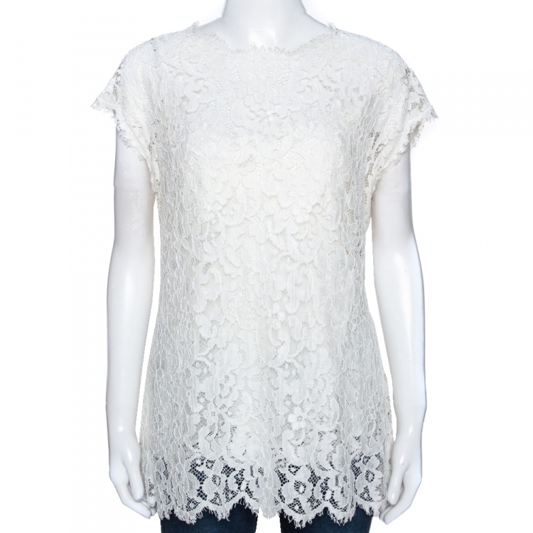 Pre Owned Dolce & Gabbana White Floral Cord Lace Scalloped Top L