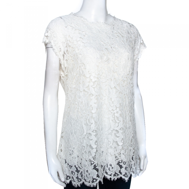 Pre Owned Dolce & Gabbana White Floral Cord Lace Scalloped Top L