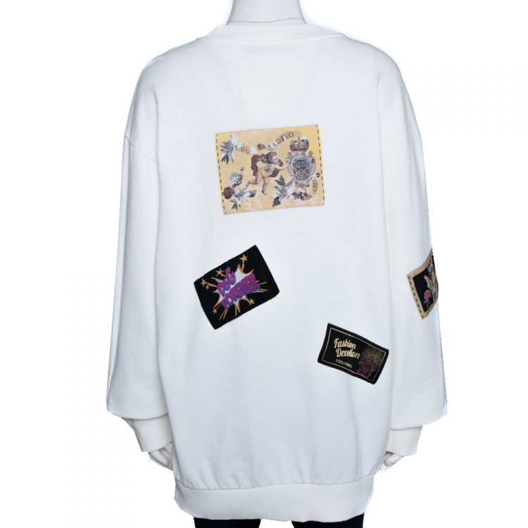 Pre Owned Dolce & Gabbana White Fashion Devotion Print Cotton Applique Detail Sweatshirt M
