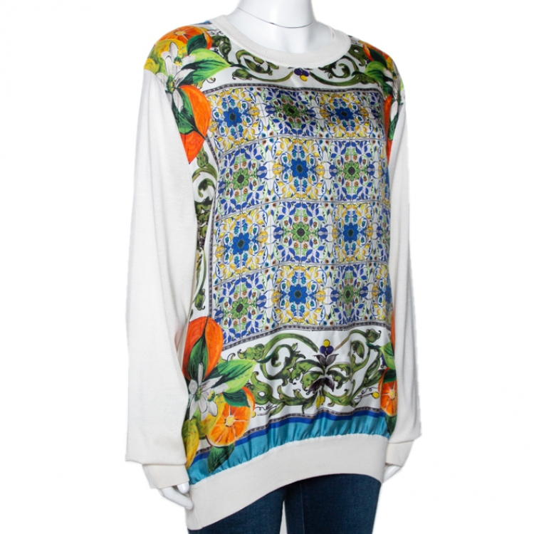Pre Owned Dolce & Gabbana Cream Majolica Print Silk Paneled Sweatshirt M