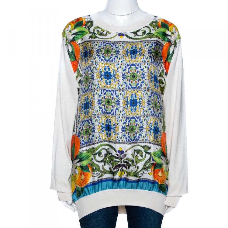 Pre Owned Dolce & Gabbana Cream Majolica Print Silk Paneled Sweatshirt M