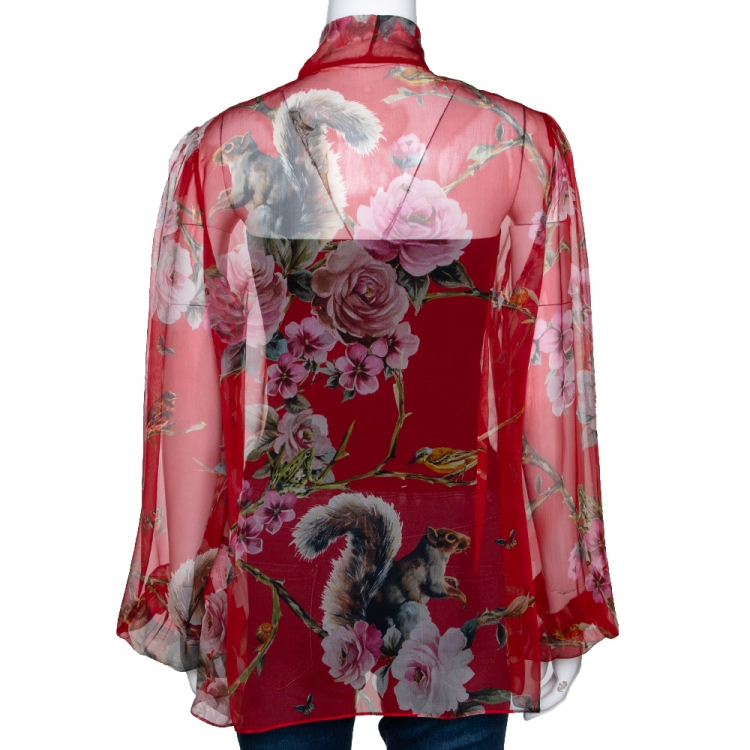 Pre Owned Dolce & Gabbana Red Animal Floral Print Silk Sheer Shirt L