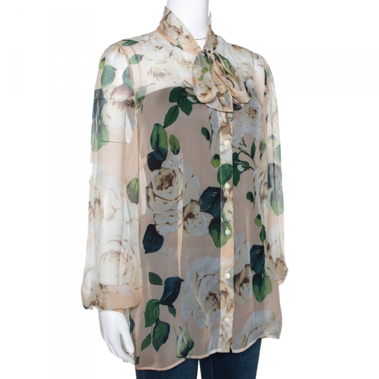 Pre Owned Dolce & Gabbana Beige Floral Printed Silk Tie Detail Sheer Blouse L