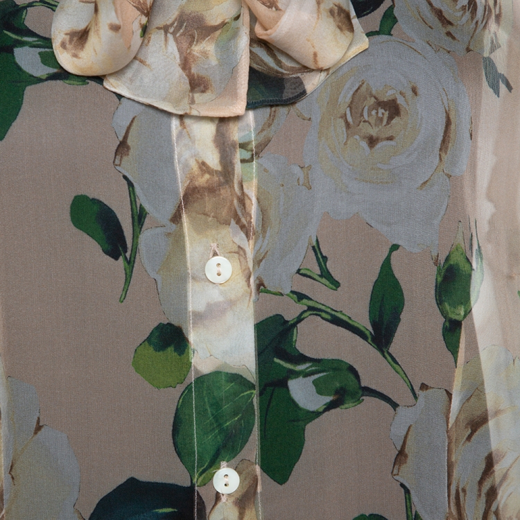 Pre Owned Dolce & Gabbana Beige Floral Printed Silk Tie Detail Sheer Blouse L