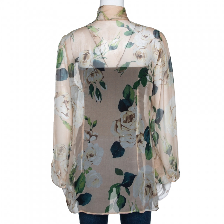Pre Owned Dolce & Gabbana Beige Floral Printed Silk Tie Detail Sheer Blouse L