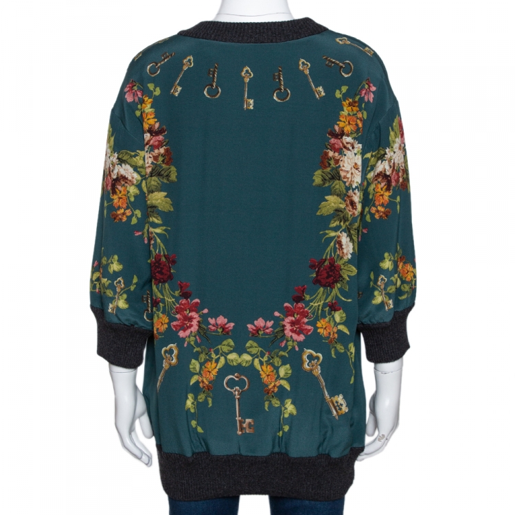 Pre Owned Dolce & Gabbana Green Key Print Silk Three Quarter Balloon Sleeve Jumper S