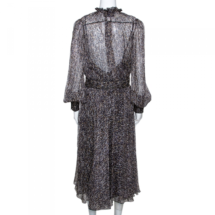Pre Owned D&G Multicolor Sequin Print Silk Chiffon Long Sleeve Midi Dress L