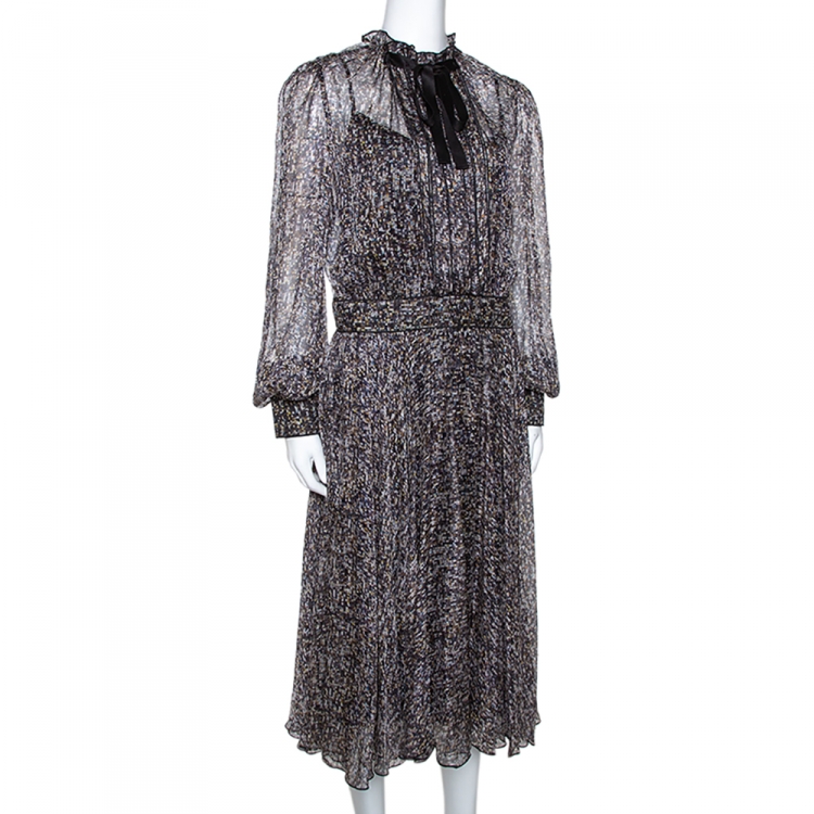 D&G Multicolor Sequin Print Silk Chiffon Long Sleeve Midi Dress L 