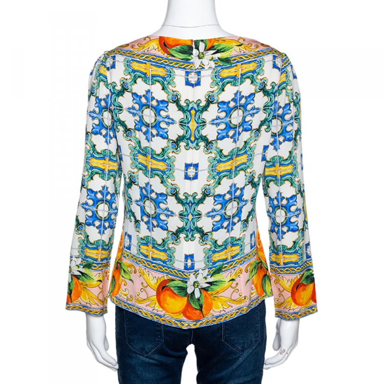 Pre Owned Dolce & Gabbana Majolica Print Stretch Silk Boat Neck Top L