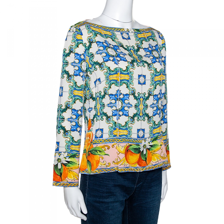 Pre Owned Dolce & Gabbana Majolica Print Stretch Silk Boat Neck Top L