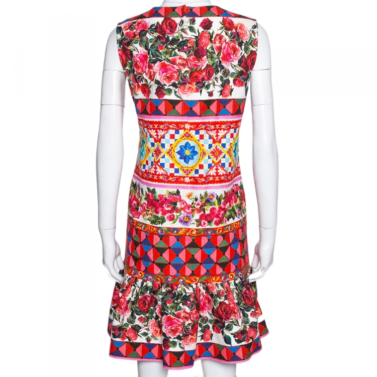 Pre Owned Dolce & Gabbana Multicolor Textured Cotton Mambo Print Flounce Dress M
