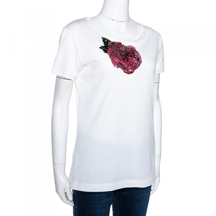 Pre Owned Dolce & Gabbana Cream Cotton Floral Sequin Embellished T Shirt M 