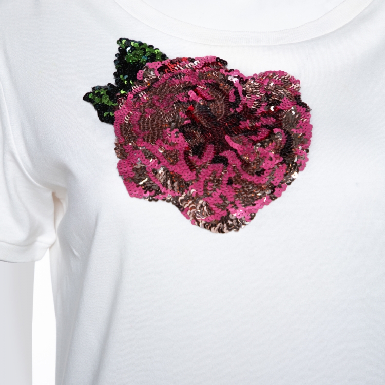 Pre Owned Dolce & Gabbana Cream Cotton Floral Sequin Embellished T Shirt M 