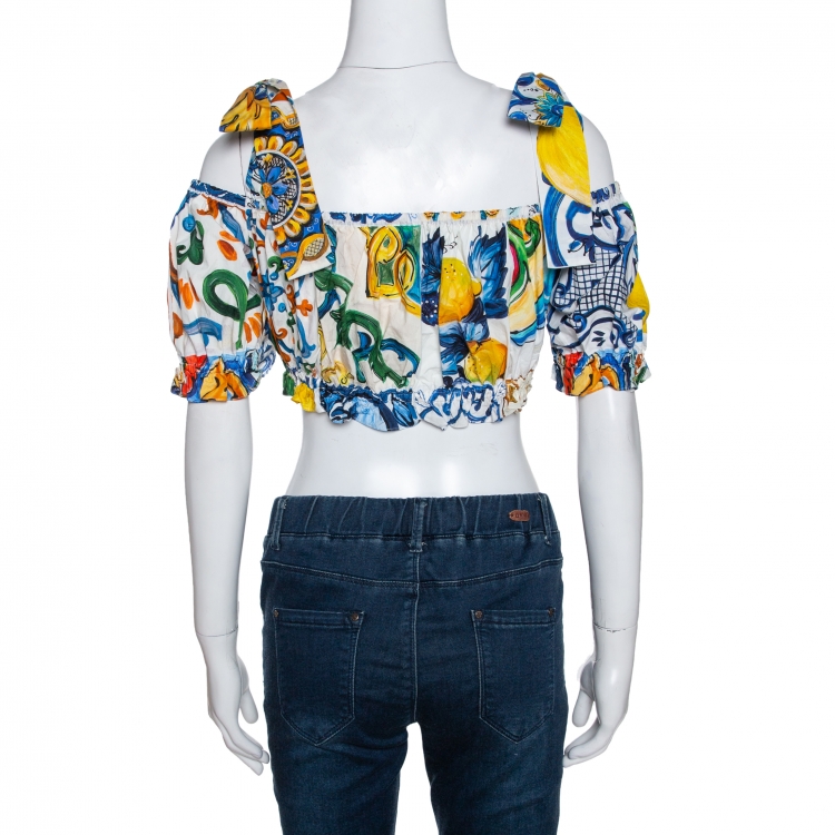 Pre Owned Dolce & Gabbana Multicolor Cotton Majolica Print Off Shoulder Cropped Top M