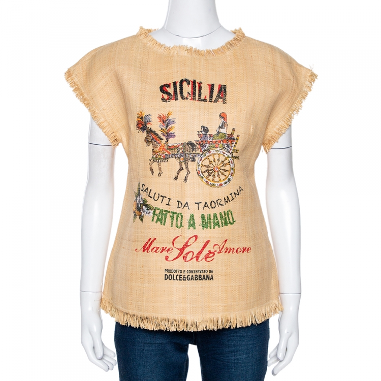 Pre Owned Dolce & Gabbana Beige Raffia Saluti Da Taormina Print Top M