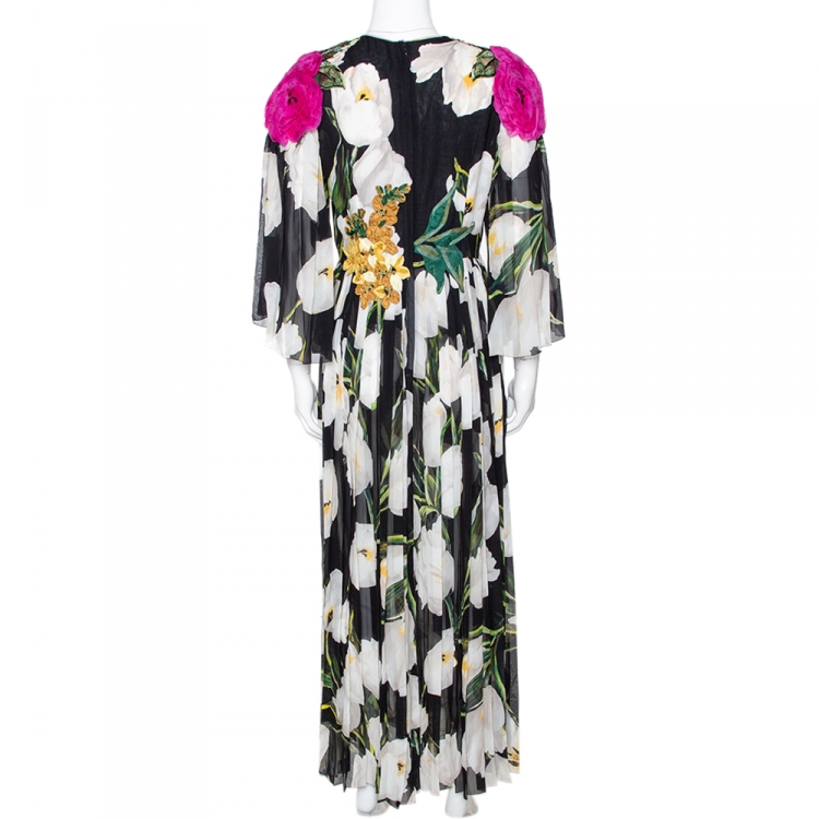 Pre Owned Dolce & Gabbana Multicolor Floral Appliqued Silk Pleated Maxi Dress M