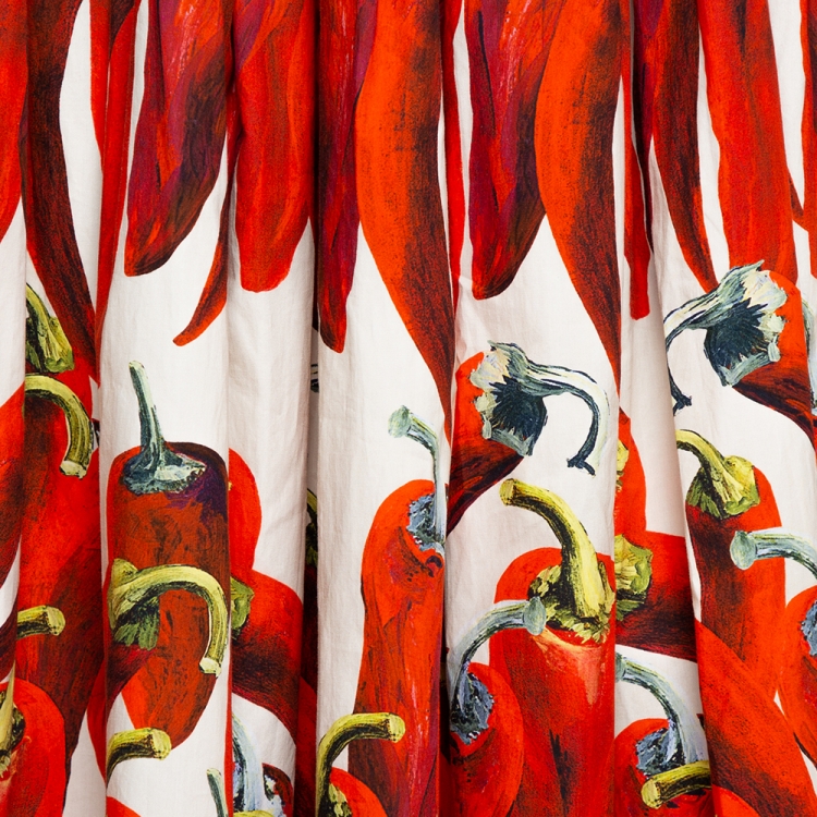 Pre Owned Dolce & Gabbana Red Cotton Chilli Printed Flared Midi Skirt M