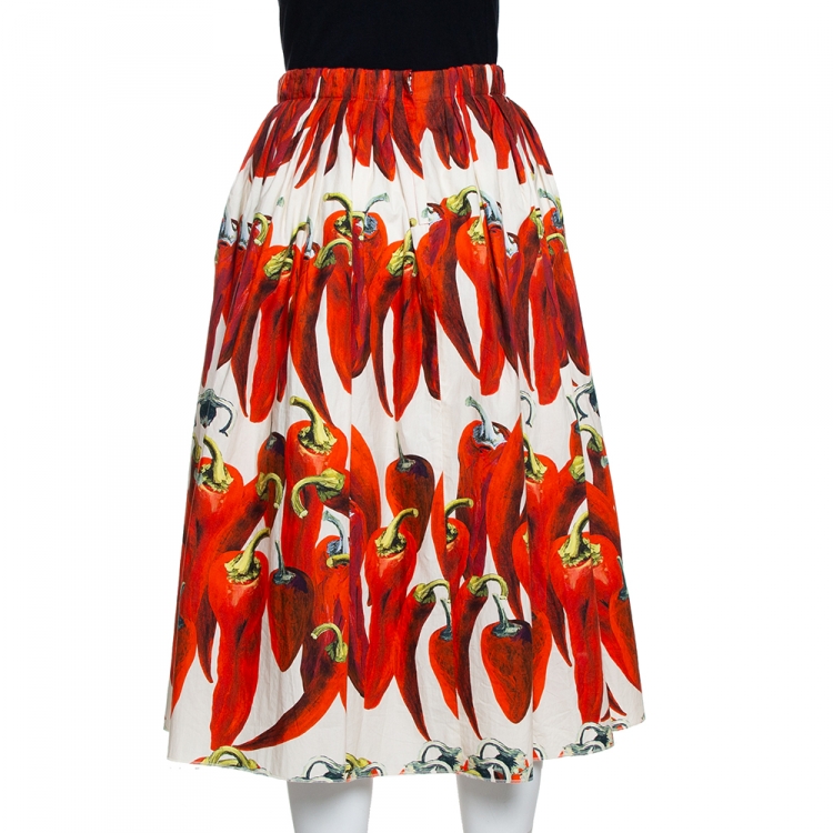 Pre Owned Dolce & Gabbana Red Cotton Chilli Printed Flared Midi Skirt M