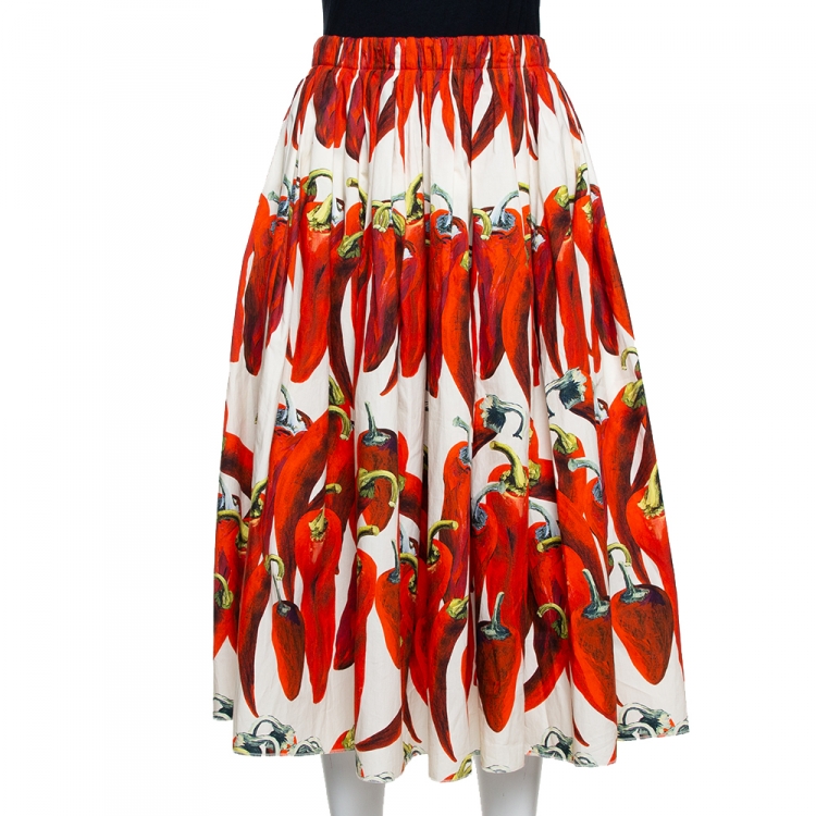 Pre Owned Dolce & Gabbana Red Cotton Chilli Printed Flared Midi Skirt M