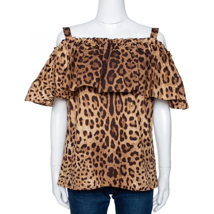 Pre Owned Dolce & Gabbana Brown Leopard Print Cotton Off Shoulder Blouse L