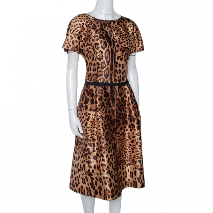 Pre Owned Dolce & Gabbana Brown Animal Print Silk Midi Dress M 