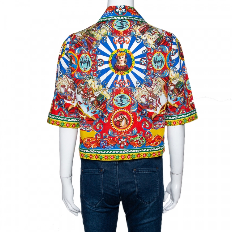 Pre Owned Dolce & Gabbana Multicolor Carretto Siciliano Print Cotton Cropped Shirt M