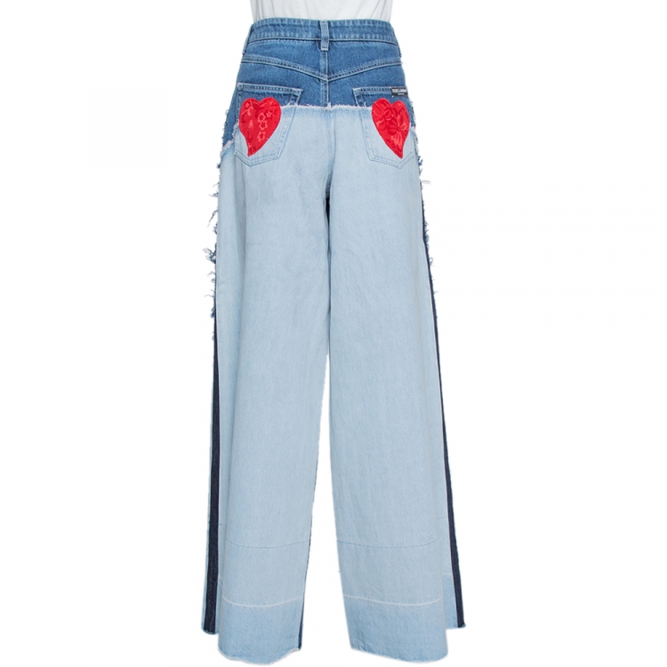 Pre Owned Dolce & Gabbana Blue Denim Patched Wide Leg Jeans L