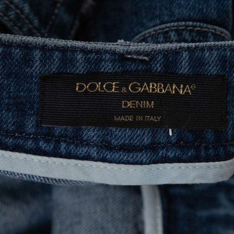 Pre Owned Dolce & Gabbana Blue Denim Patched Wide Leg Jeans L