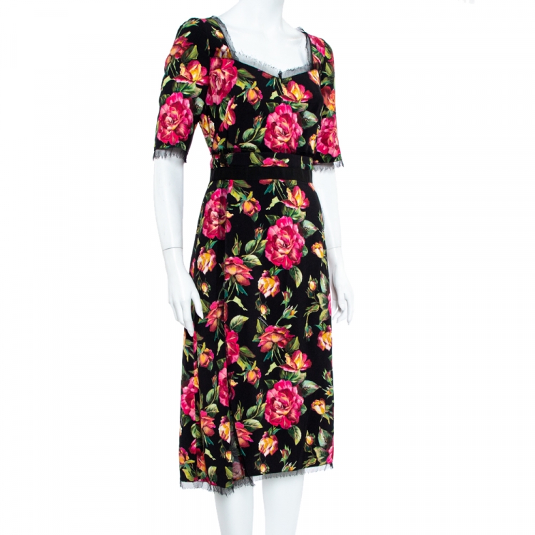 Pre Owned Dolce & Gabbana Black Hydrangea Printed Crepe Tulle Trim Detail Rosline Dress M