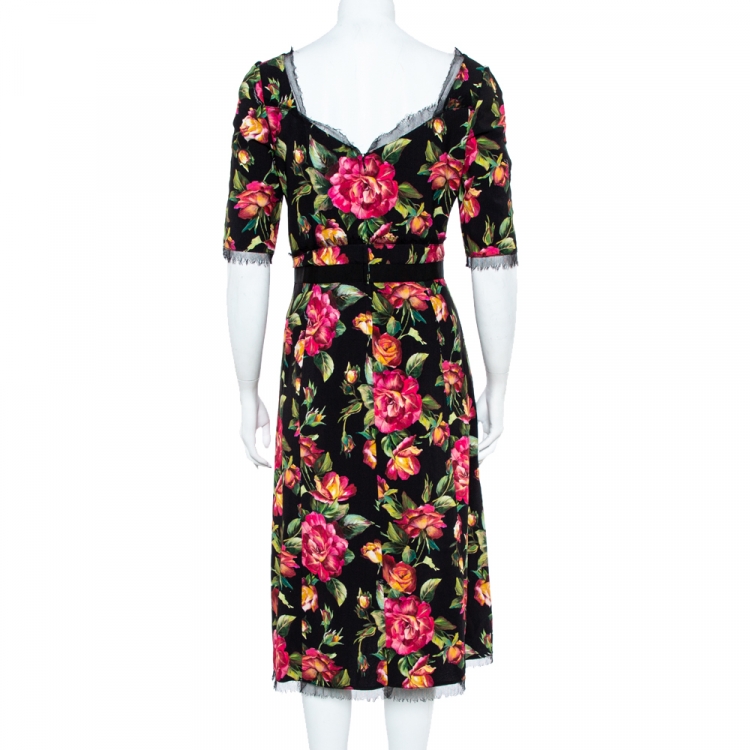 Pre Owned Dolce & Gabbana Black Hydrangea Printed Crepe Tulle Trim Detail Rosline Dress M