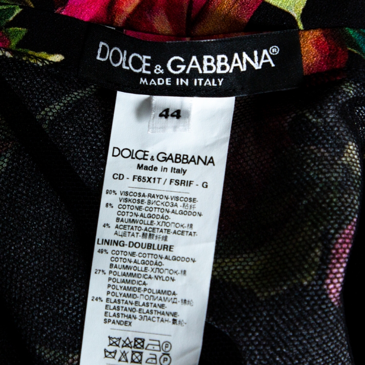 Pre Owned Dolce & Gabbana Black Hydrangea Printed Crepe Tulle Trim Detail Rosline Dress M