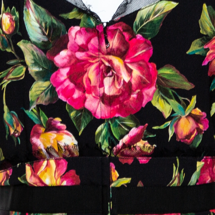 Pre Owned Dolce & Gabbana Black Hydrangea Printed Crepe Tulle Trim Detail Rosline Dress M