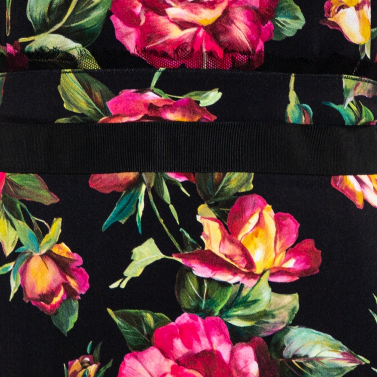 Pre Owned Dolce & Gabbana Black Hydrangea Printed Crepe Tulle Trim Detail Rosline Dress M