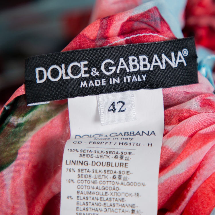 Pre Owned Dolce & Gabbana Blue Rose Printed Silk Smocked Detail Midi Dress M