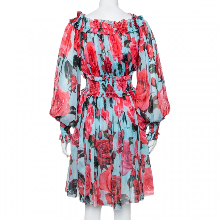 Pre Owned Dolce & Gabbana Blue Rose Printed Silk Smocked Detail Midi Dress M