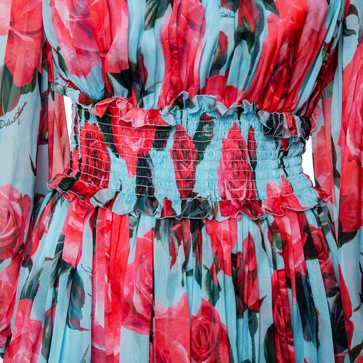 Pre Owned Dolce & Gabbana Blue Rose Printed Silk Smocked Detail Midi Dress M