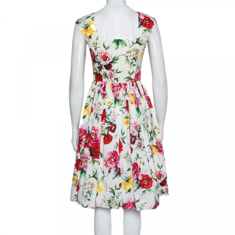 Pre Owned Dolce & Gabbana White Floral Printed Cotton Sleeveless Midi Dress S 