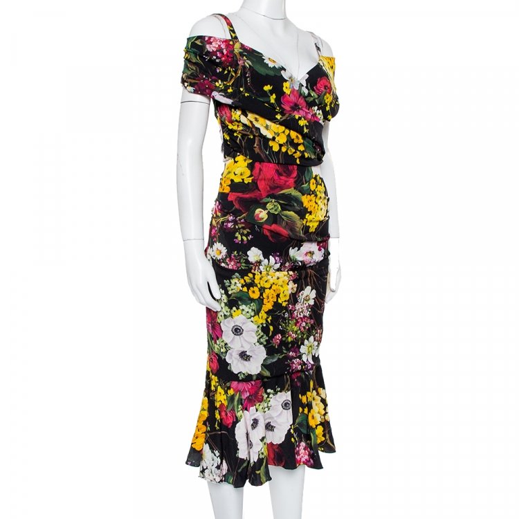 Pre Owned Dolce & Gabbana Black Floral Printed Silk Cold Shoulder Ruched Midi Dress S