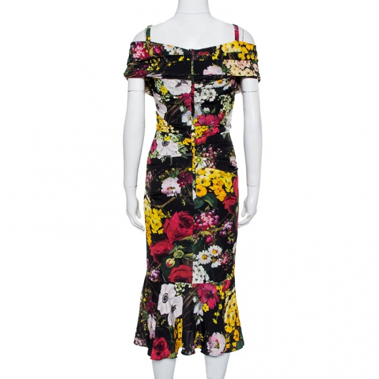 Pre Owned Dolce & Gabbana Black Floral Printed Silk Cold Shoulder Ruched Midi Dress S