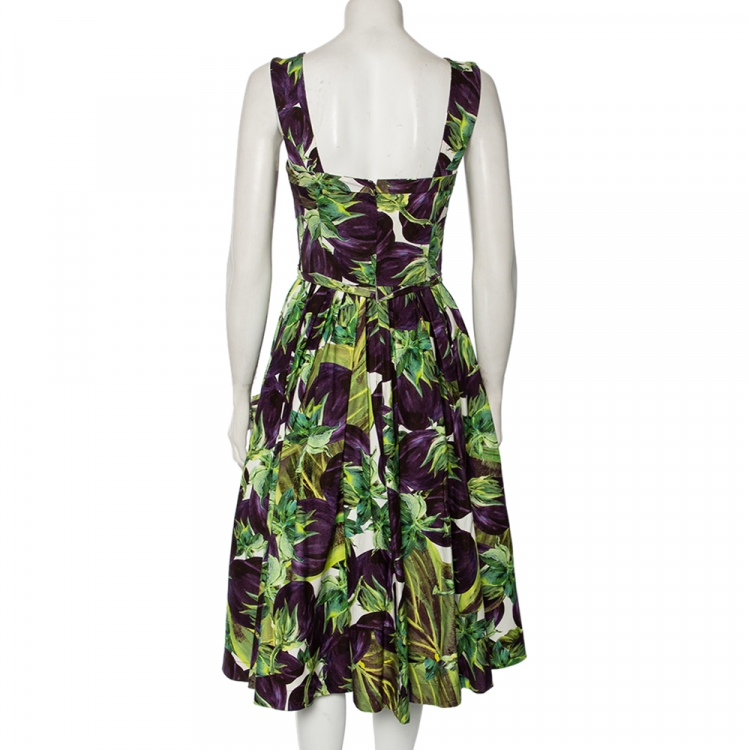 Pre Owned Dolce & Gabbana Purple Aubergine Printed Cotton Pleated Dress M