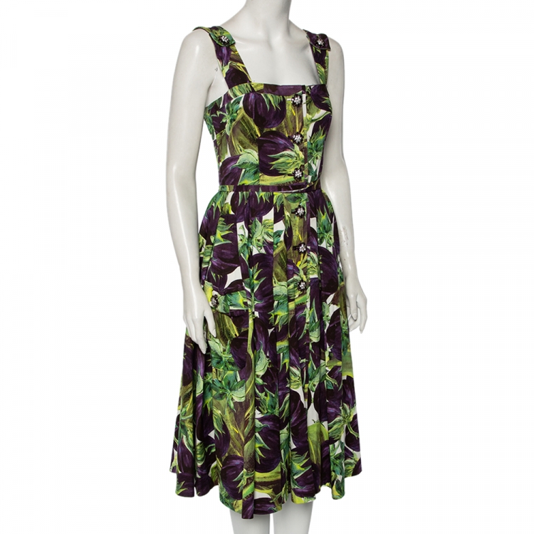 Pre Owned Dolce & Gabbana Purple Aubergine Printed Cotton Pleated Dress M