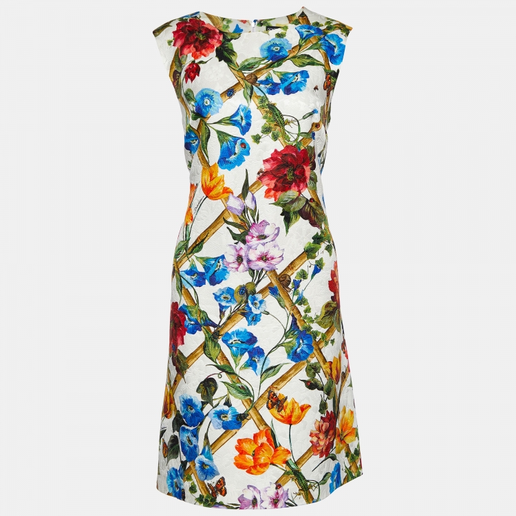Pre Owned Dolce & Gabbana White Floral Print Jacquard Cotton & Silk A-Line Dress L