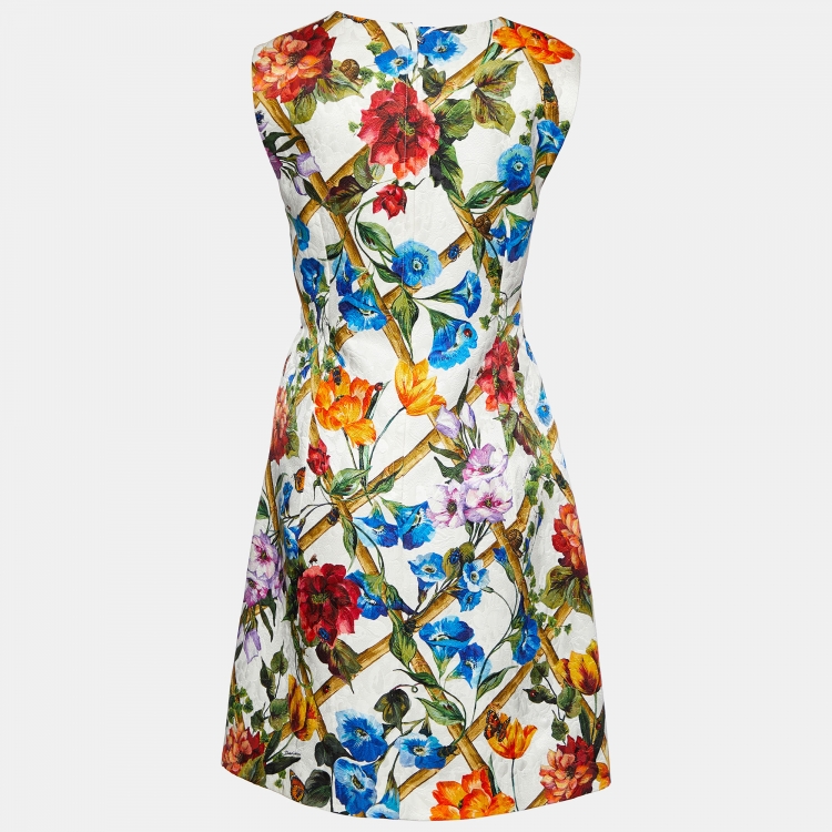 Pre Owned Dolce & Gabbana White Floral Print Jacquard Cotton & Silk A-Line Dress L