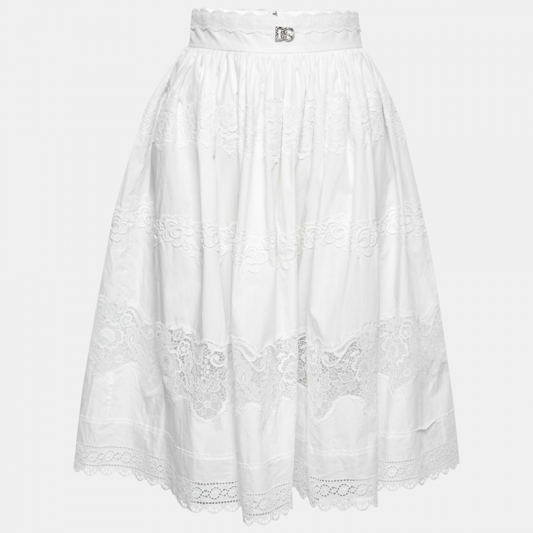 Pre Owned Dolce & Gabbana White Cotton & Lace Trimmed Logo Embellished Skirt S